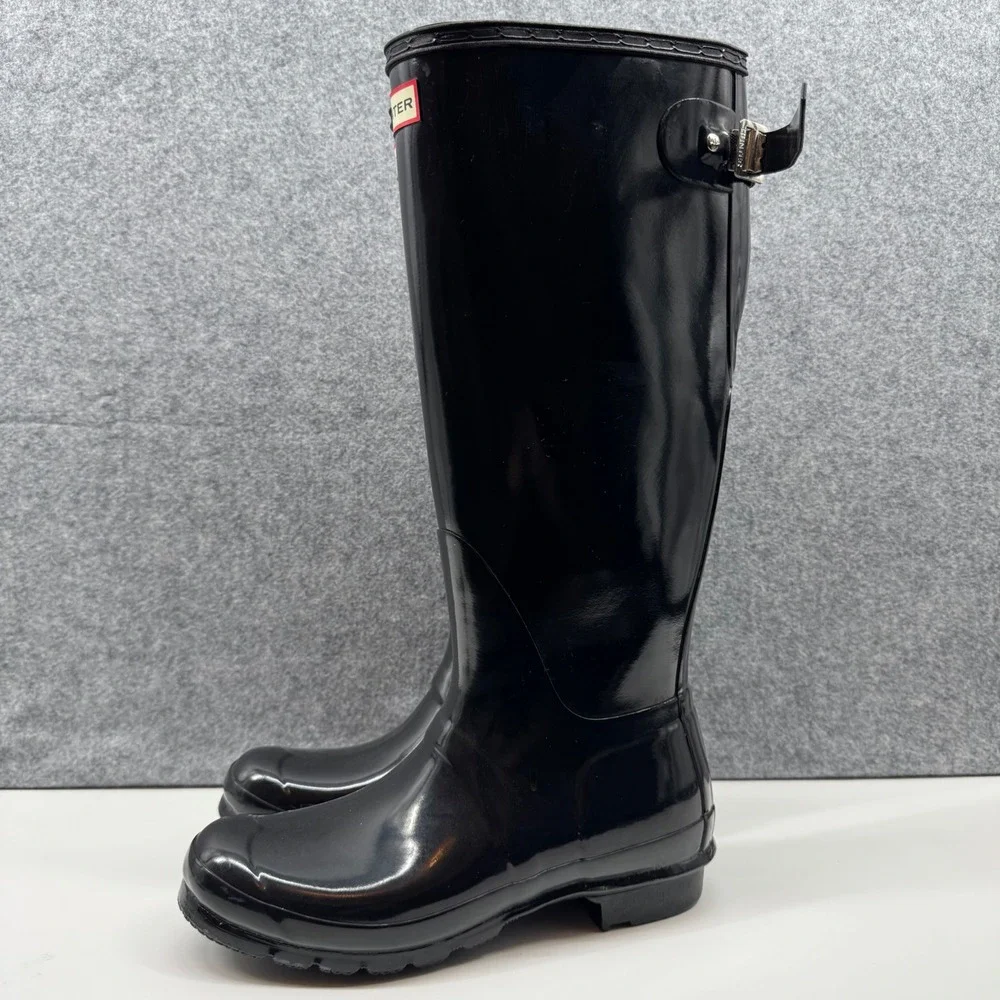 Hunter Original Back Adjust Gloss Rain Boots Womens Size 9 Black Tall WFT1001RGL